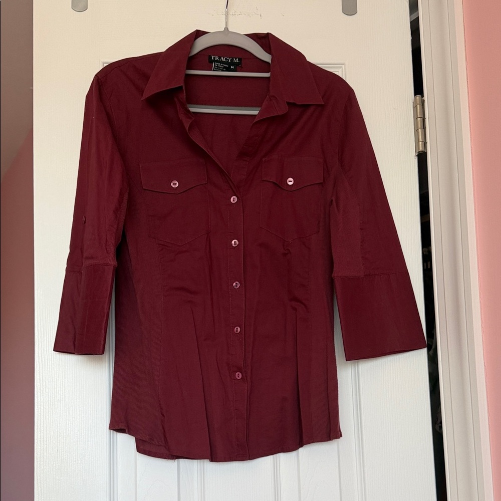 NEW Tracy M Women's Deep Burgundy Button-Down Blouse